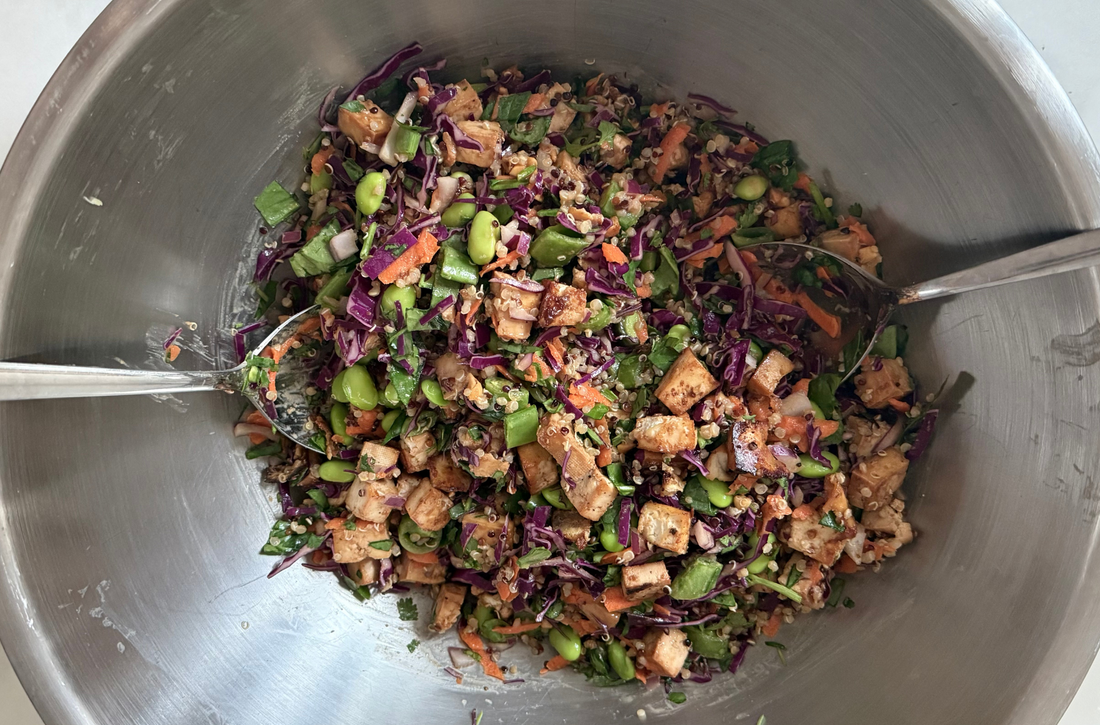 High-protein Edamame Tofu Quinoa Salad with Peanut Lime Dressing